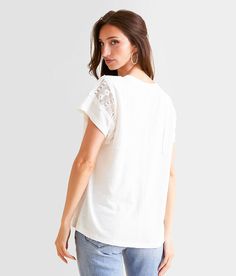 Women's Pieced Crochet Top In White By Daytrip., Women's White Raw edge ribbed knit lace-up top Bust measures 40 on size small Body length 24 on size small. Self: 57% Cotton 40% Polyester 3% Spandex. Contrast: 100% Cotton. Machine wash cold with like colors. Do not bleach. Lay flat to dry. Low iron if needed. Apparel & Accessories > Clothing > Shirts & Tops Knit Lace, Women Shirts Blouse, Top For Women, Accessories Clothing, Lace Knitting, Women's Shirts, Low Iron, Shirts Blouses, Raw Edge