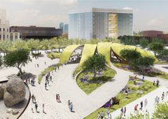 an artist's rendering of a city square with people walking around and trees on the ground