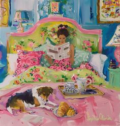 a painting of a woman reading in bed with two dogs laying on the bed next to her