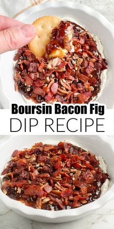 bacon dip recipe in a white bowl with text overlay