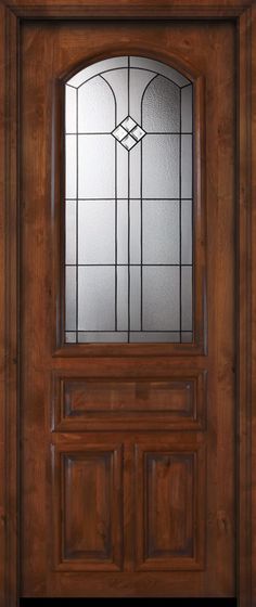 a wooden door with stained glass on the top and bottom paneling, in front of a white background