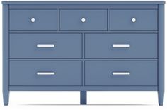 a blue dresser with six drawers and two doors on each side, in front of a white background