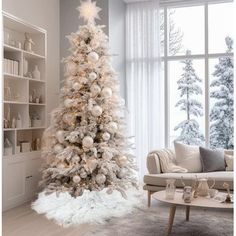 a white christmas tree in a living room