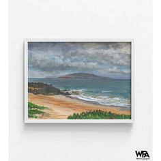 a painting hanging on the wall next to a white wall with an ocean and beach scene