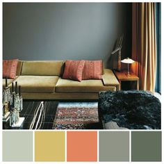 a living room filled with furniture and lots of color swatches in shades of grey, orange, yellow, and pink