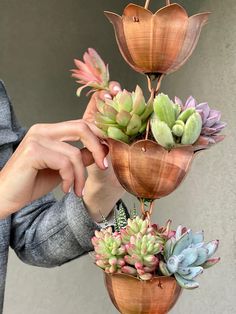 a woman holding three copper vases with succulents in them and one is reaching for the flower