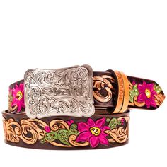 front of tooled leather belt with sage green and purple cactus blossom accents and silver buckle Adjustable Hand-tooled Belts, Tooled Cactus, Painted Cactus, Belt Collection, Cactus Blossom, Measure Waist, Cactus Blossoms, Tooled Leather Belts, Pabst Blue Ribbon