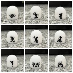 nine images of the silhouettes of mickey mouse and other disney characters on an egg