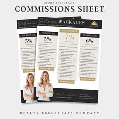 two flyers for a real estate agent's company, with the words commission sheet