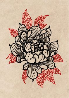 a drawing of a flower on a piece of paper with red and black flowers in the middle