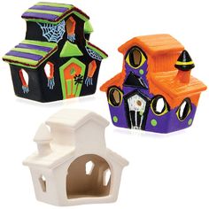 three different colored houses are shown in this set, including one for halloween and the other for spooky eyes