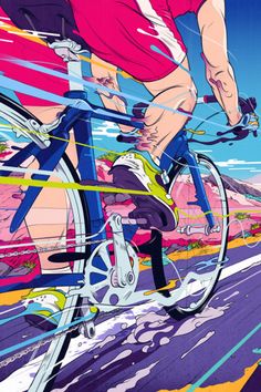 a man riding a bike down a street under a blue sky with colorful lines on it