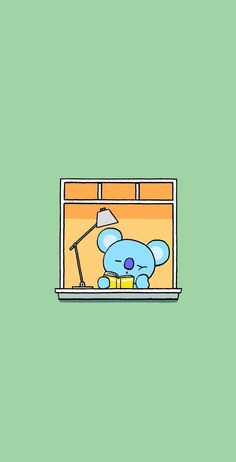 a blue teddy bear sitting on top of a window sill next to a lamp