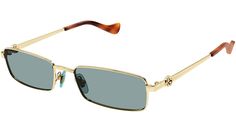 Gucci GG Logo sunglasses model GG1600S rectangle metal frame color code 003 shiny endura gold with gold temple and solid light green lens. Logo Sunglasses, Shapes Images, Green Lens, Sunglasses Logo, Sunglasses Model, Gg Logo, Ski Goggles, Sunglasses & Glasses, Color Code