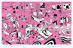 an abstract pink background with black and white graphics on it, including shapes and lines