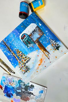 A Christmas painting on canvas featuring a snow-covered mailbox and decorated pine trees. Mailbox Painting, Cozy Inspiration, Holiday Decorating Ideas, Christmas Mailbox, Cozy Holiday