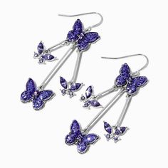 Purple Butterfly 3" Drop Earrings Dress Reference, Piercing Kit, Birthday Wishes For Myself, Butterfly Style, Earrings Purple, Aesthetic Jewelry, Long Drop Earrings, Fashionable Jewelry, Jewelry Images