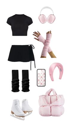 a woman's outfit and accessories are shown in pink, black, and white