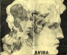 an open book with drawings of people's faces and the words avida on it