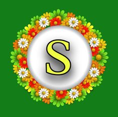 the letter s is surrounded by flowers and daisies in a circle on a green background