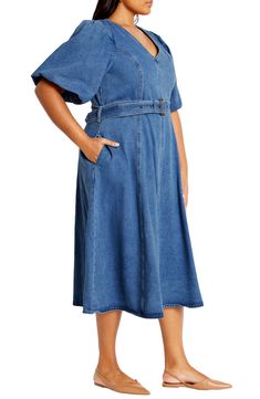 Elevate your office-casual look in this denim midi designed with a belted waist and airy flutter sleeves. 47" length Hidden back-zip closure V-neck Short sleeves Removable belt Unlined 100% cotton Machine wash, line dry Imported Denim Midi Dress, Mid Dresses, Office Casual, City Chic, Flutter Sleeves, Nordstrom Dresses, Flutter Sleeve, Casual Looks, Midi Dress