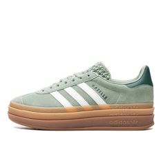 Adidas Gazelle Bold Silver Green Gum - ID6998 | Limited Resell Shoe Ideas, Shoe Wishlist, Adidas Trefoil, Trendy Shoes, Side Stripe, White Adidas