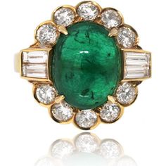 Van Cleef & Arpels 18K Yellow Gold Cabochon Emerald Ring with Round and Baguette Diamonds - 6.08 Carats Emerald with Diamond Accents Luxury Multi-stone Cabochons For Formal Occasions, Luxury Oval Cabochon Emerald Ring With 17 Jewels, Luxury Emerald Ring With Oval Cabochon And 17 Jewels, Luxury Green Cabochons, Luxury Oval Cabochon Emerald Ring, Luxury Multi-stone Oval Cabochons, Luxury Diamond Cabochons For Wedding, Luxury Diamond Cabochons For Formal Occasions, Formal Hallmarked Diamond Cabochons