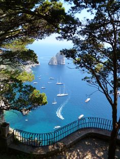 boats are sailing in the blue water near some trees and stairs with iron railings