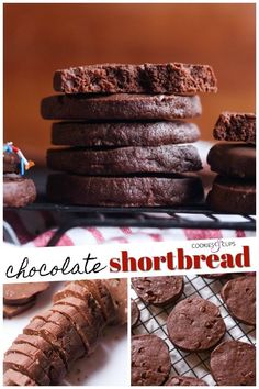 chocolate shortbread cookies are stacked on top of each other with the words chocolate shortbread above them