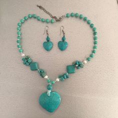 Turquoise Necklace And Matching Earrings. Never Worn And In Original Condition Colored Jewelry, Cute Nike Shoes, Recycled Jewelry, Cute Nikes, Necklace And Earrings Set, Bead Jewellery, Necklace And Earrings, Beaded Choker, Jewelry Diy