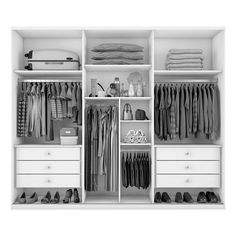 an open white closet with clothes and shoes on the shelves, all in black and white