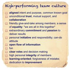 a piece of paper with words on it and an image of the word high - performing team culture