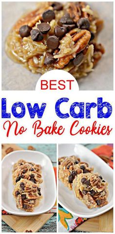 the best low carb no bake cookies are on display in this collage