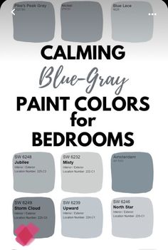 a poster with the words calming blue - gray paint colors for bedroom's on it