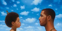 a painting of a man and a boy facing each other with clouds in the background