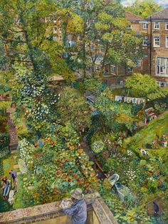 a painting of people in a garden with trees and buildings behind them, all looking down at the ground