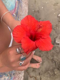 a woman is holding a red flower in her left hand and two rings on her right hand