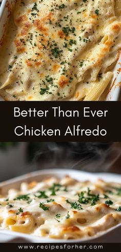 two pictures with different types of food in them and the words, better than ever chicken alfredo