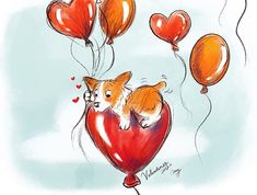 a drawing of a corgi dog in a heart shaped balloon with balloons floating around