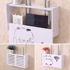 four different pictures of an electronic device mounted on a wall and attached to a shelf