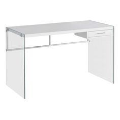 a white desk with glass shelves and drawers on the top, in front of a white background