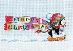 a cross stitch christmas card with a snowman holding a banner