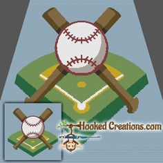 a cross stitch pattern with baseballs, bats and ball on top of a green field