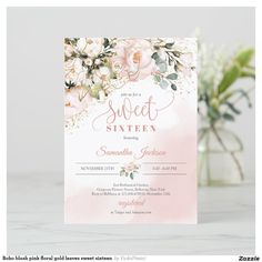 a pink and white floral sweet sixteen birthday party card with the words sweet sixteen on it