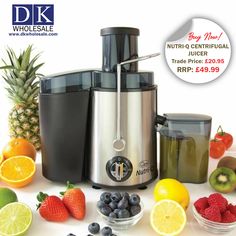 an advertisement for a juicer with fruits and vegetables around it