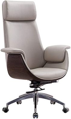 an office chair with wheels and leather upholstered on the back, viewed from the front