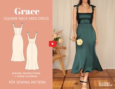 a woman in a green dress standing next to a white wall with the text grace square neck midi dress sewing instructions