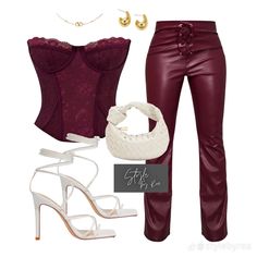 Burgundy Corset, Burgundy Outfit, Burgundy Pants, Stylish Summer Outfits, Gold Accessories