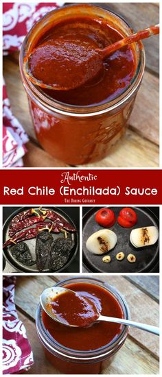 red chile enchilada sauce in a glass jar with spoons and ingredients