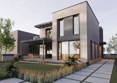 an artist's rendering of a modern house in the middle of a garden area